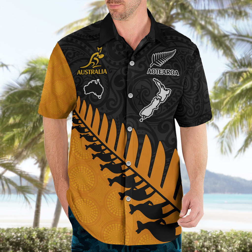 Australia Wallabies and Aotearoa Rugby Hawaiian Shirt Kangaroo Black Fern Maori Gold Vibe - Vibe Hoodie Shop