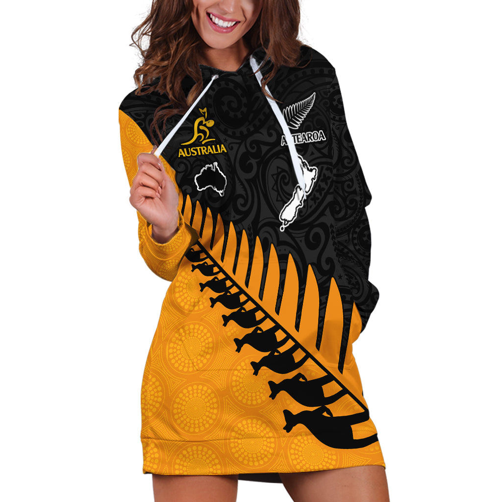 Australia Wallabies and Aotearoa Rugby Hoodie Dress Kangaroo Black Fern Maori Gold Vibe - Vibe Hoodie Shop