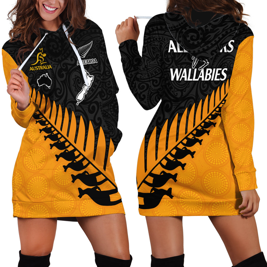 Australia Wallabies and Aotearoa Rugby Hoodie Dress Kangaroo Black Fern Maori Gold Vibe - Vibe Hoodie Shop