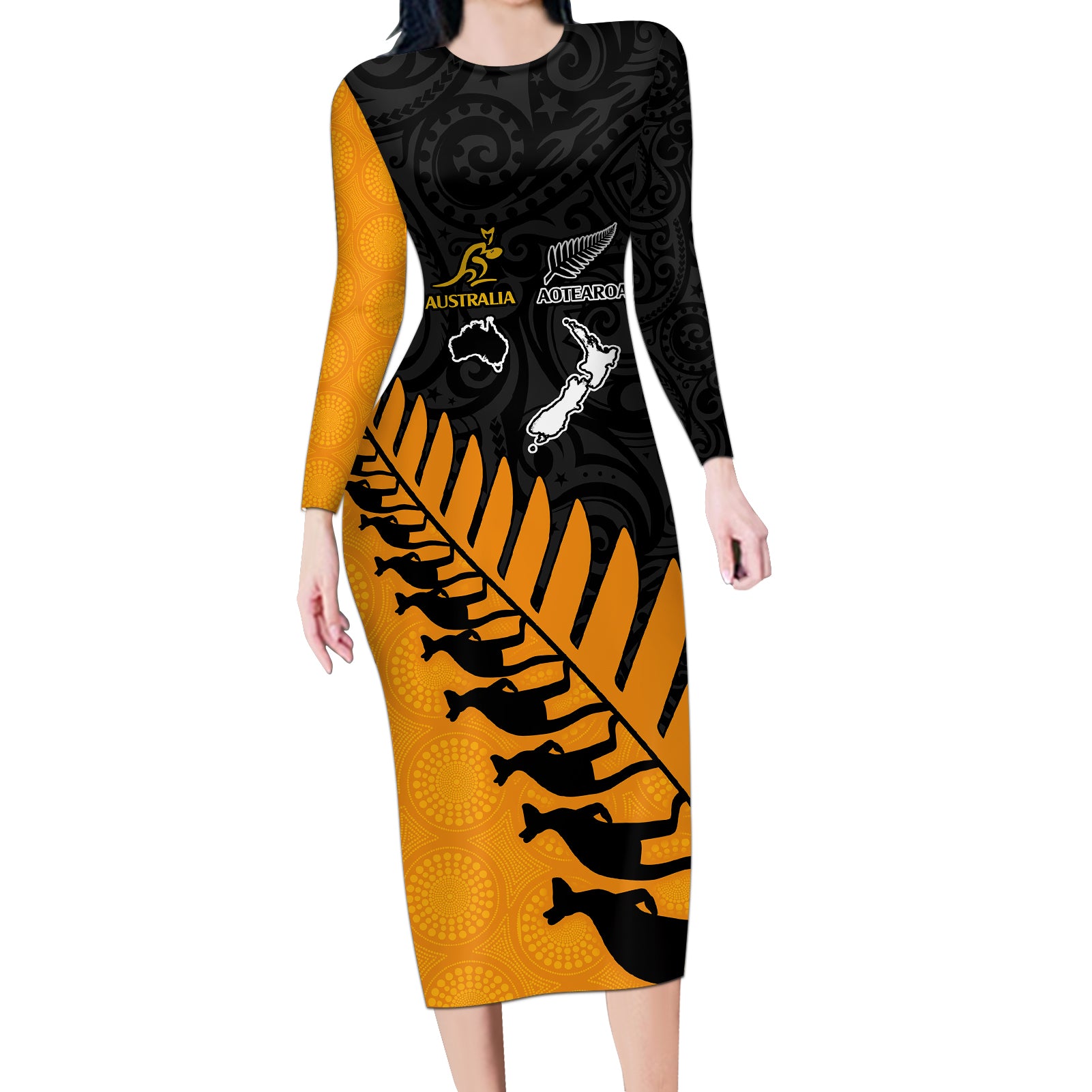 australia-wallabies-and-aotearoa-rugby-long-sleeve-bodycon-dress-kangaroo-black-fern-maori-gold-vibe