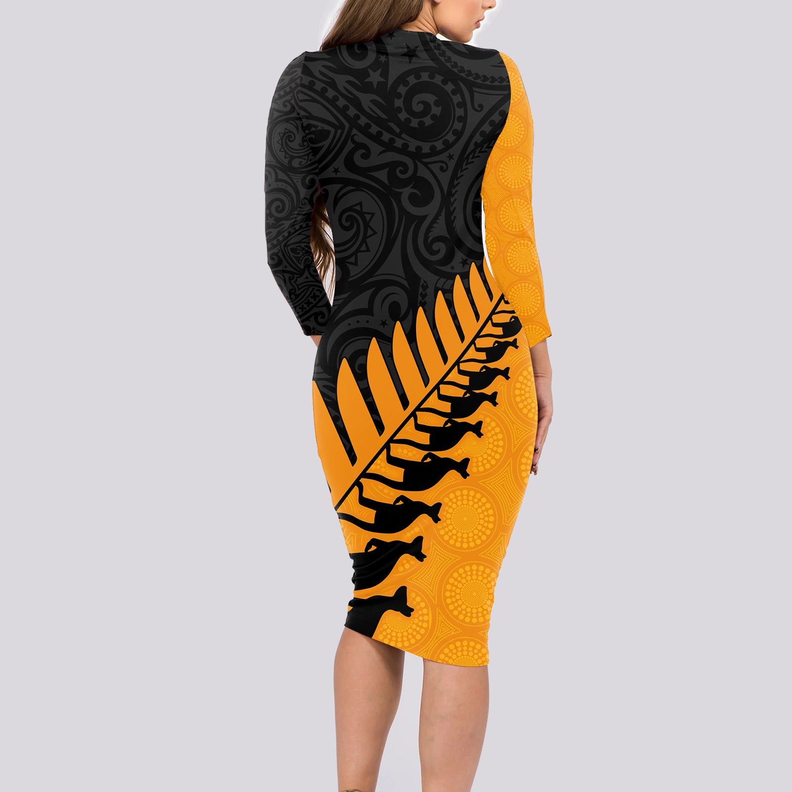 australia-wallabies-and-aotearoa-rugby-long-sleeve-bodycon-dress-kangaroo-black-fern-maori-gold-vibe