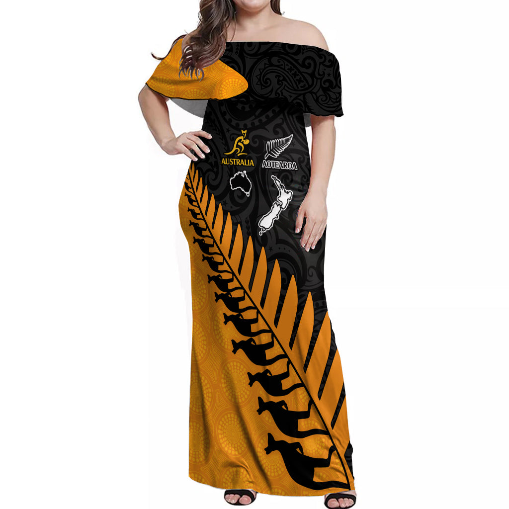 Australia Wallabies and Aotearoa Rugby Off Shoulder Maxi Dress Kangaroo Black Fern Maori Gold Vibe - Vibe Hoodie Shop