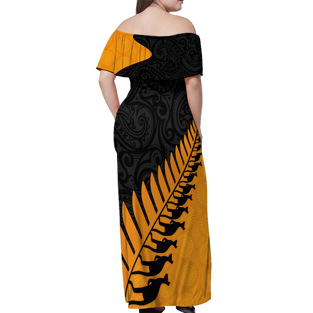 Australia Wallabies and Aotearoa Rugby Off Shoulder Maxi Dress Kangaroo Black Fern Maori Gold Vibe - Vibe Hoodie Shop