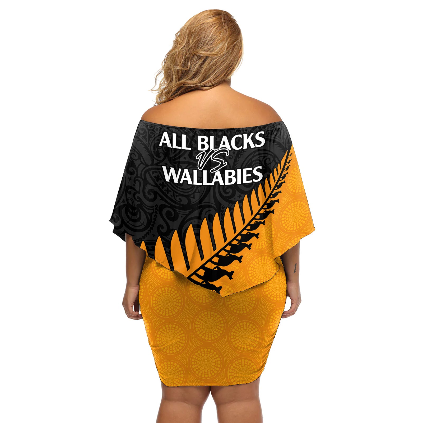 australia-wallabies-and-aotearoa-rugby-off-shoulder-short-dress-kangaroo-black-fern-maori-gold-vibe