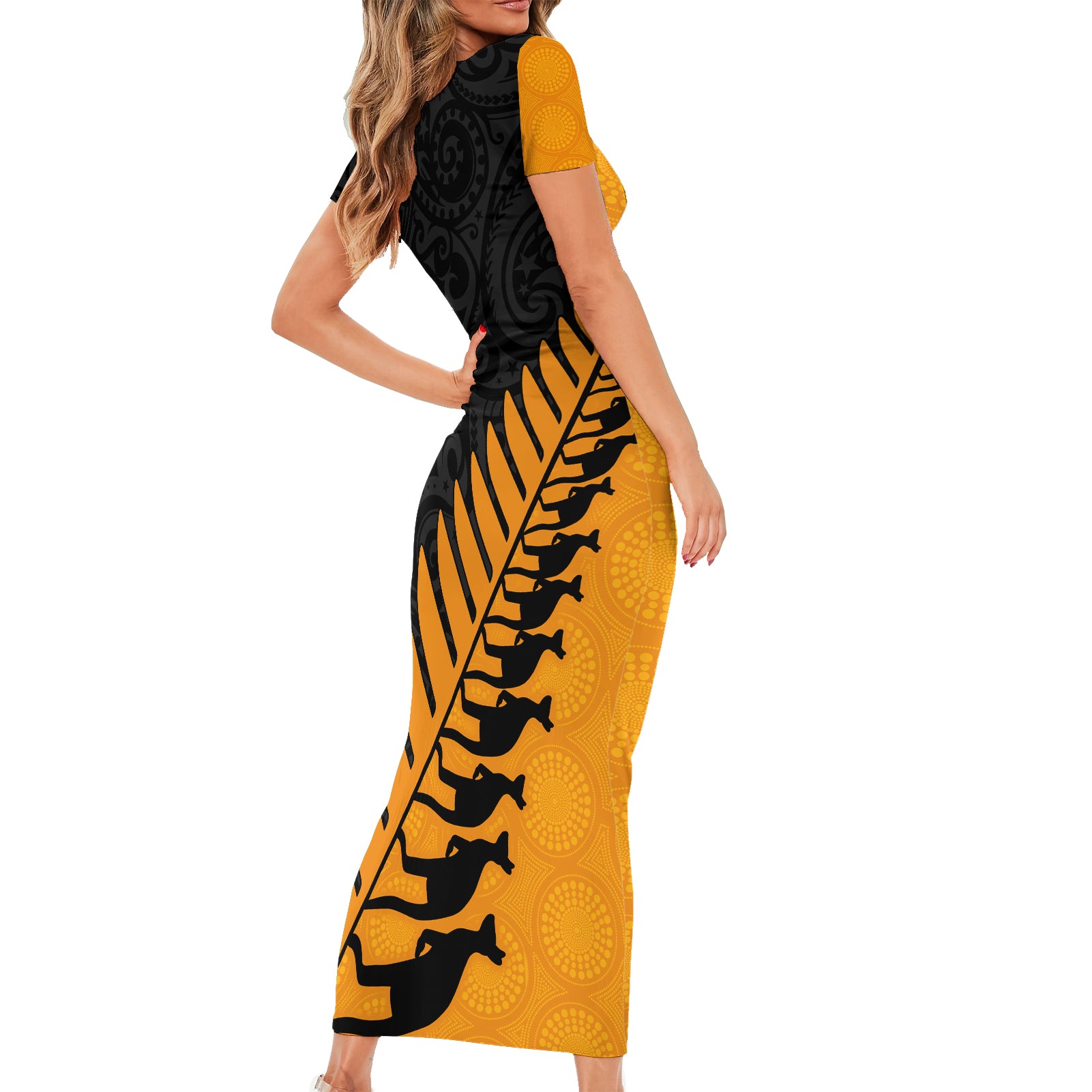 australia-wallabies-and-aotearoa-rugby-short-sleeve-bodycon-dress-kangaroo-black-fern-maori-gold-vibe