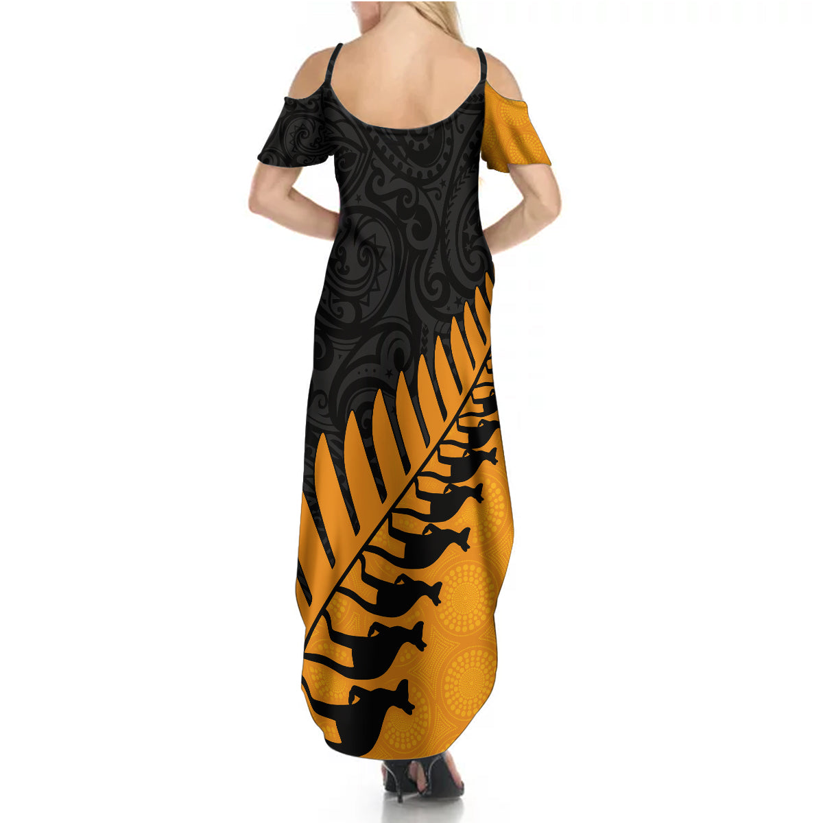 australia-wallabies-and-aotearoa-rugby-summer-maxi-dress-kangaroo-black-fern-maori-gold-vibe