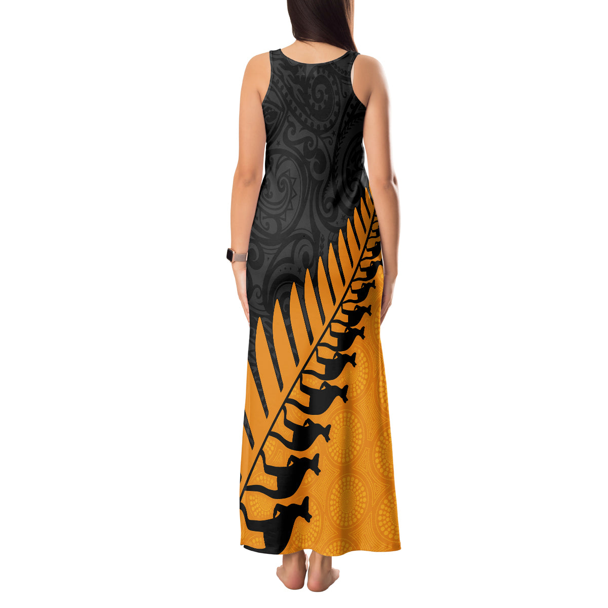 australia-wallabies-and-aotearoa-rugby-tank-maxi-dress-kangaroo-black-fern-maori-gold-vibe