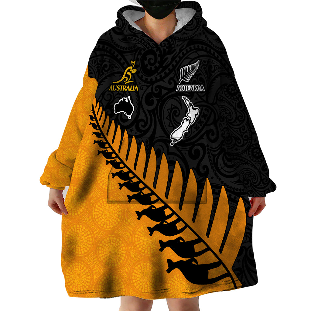 Australia Wallabies and Aotearoa Rugby Wearable Blanket Hoodie Kangaroo Black Fern Maori Gold Vibe - Vibe Hoodie Shop