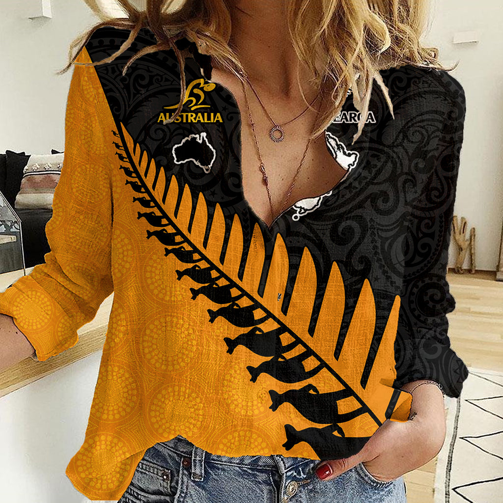 Australia Wallabies and Aotearoa Rugby Women Casual Shirt Kangaroo Black Fern Maori Gold Vibe - Vibe Hoodie Shop