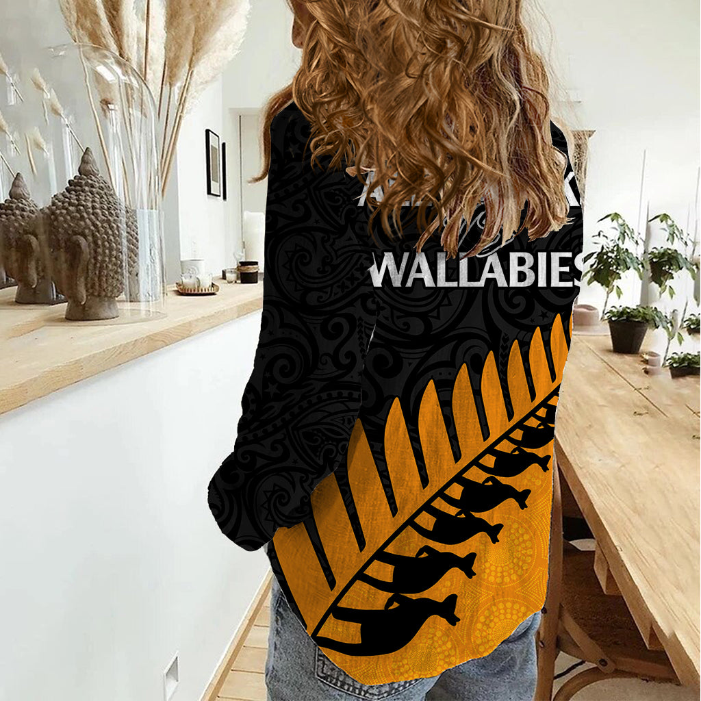 Australia Wallabies and Aotearoa Rugby Women Casual Shirt Kangaroo Black Fern Maori Gold Vibe - Vibe Hoodie Shop