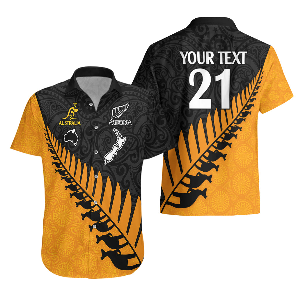Custom Australia Wallabies and Aotearoa Rugby Hawaiian Shirt Kangaroo Black Fern Maori Gold Vibe - Vibe Hoodie Shop