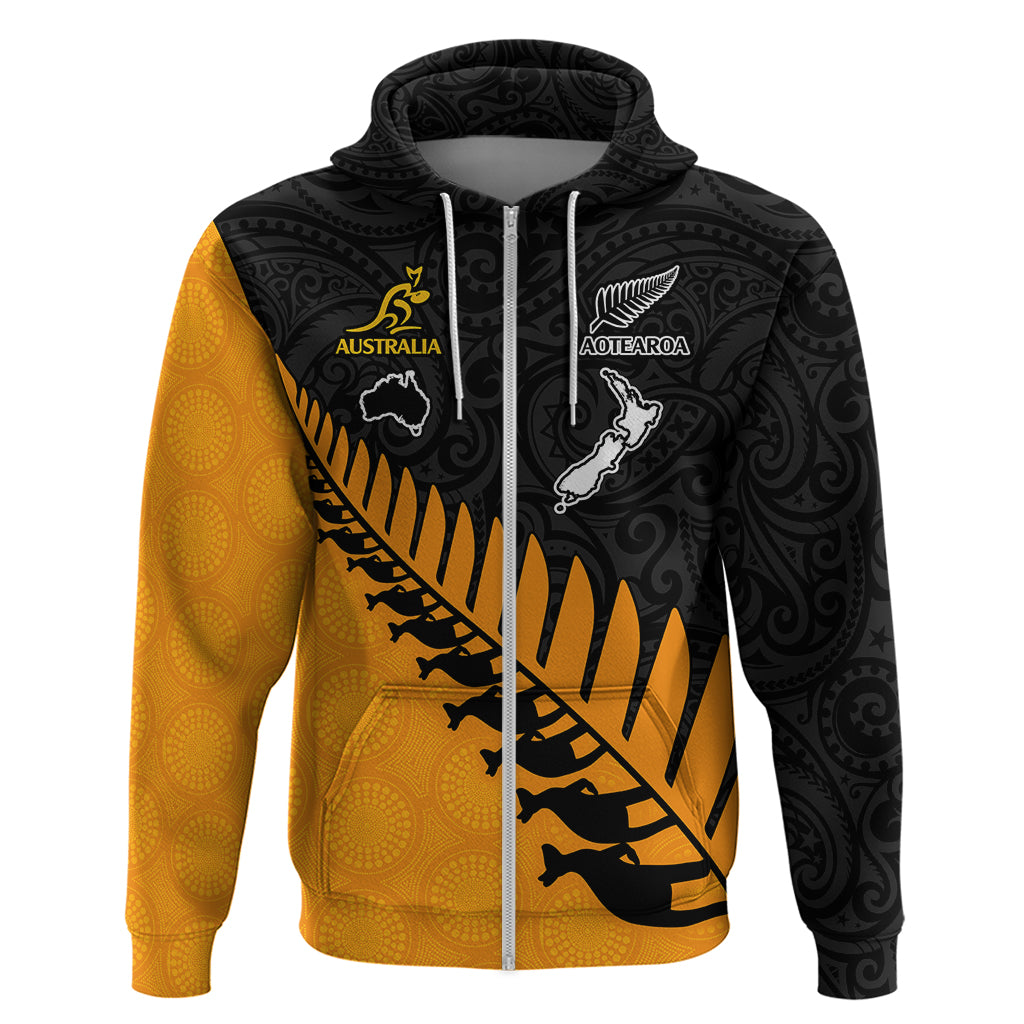 Custom Australia Wallabies and Aotearoa Rugby Hoodie Kangaroo Black Fern Maori Gold Vibe LT9 - Vibe Hoodie Shop