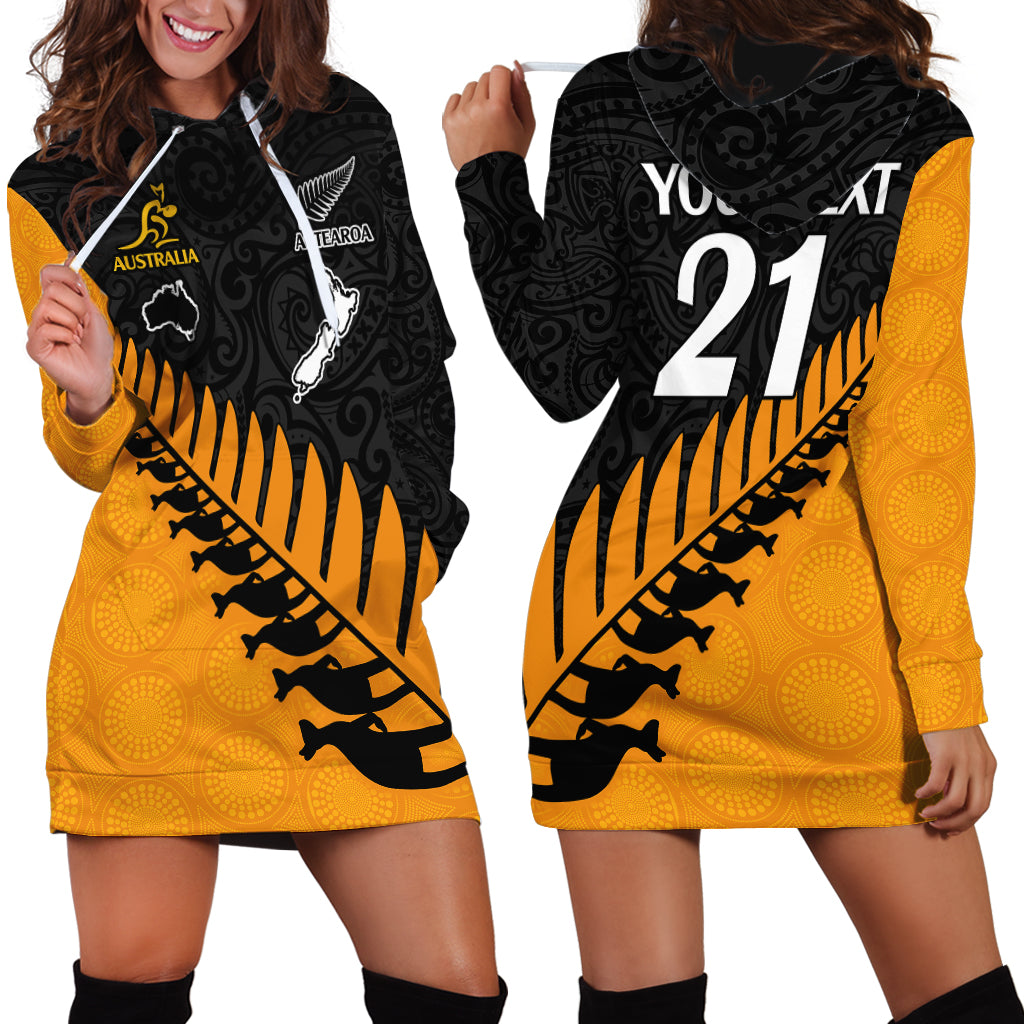 Custom Australia Wallabies and Aotearoa Rugby Hoodie Dress Kangaroo Black Fern Maori Gold Vibe - Vibe Hoodie Shop