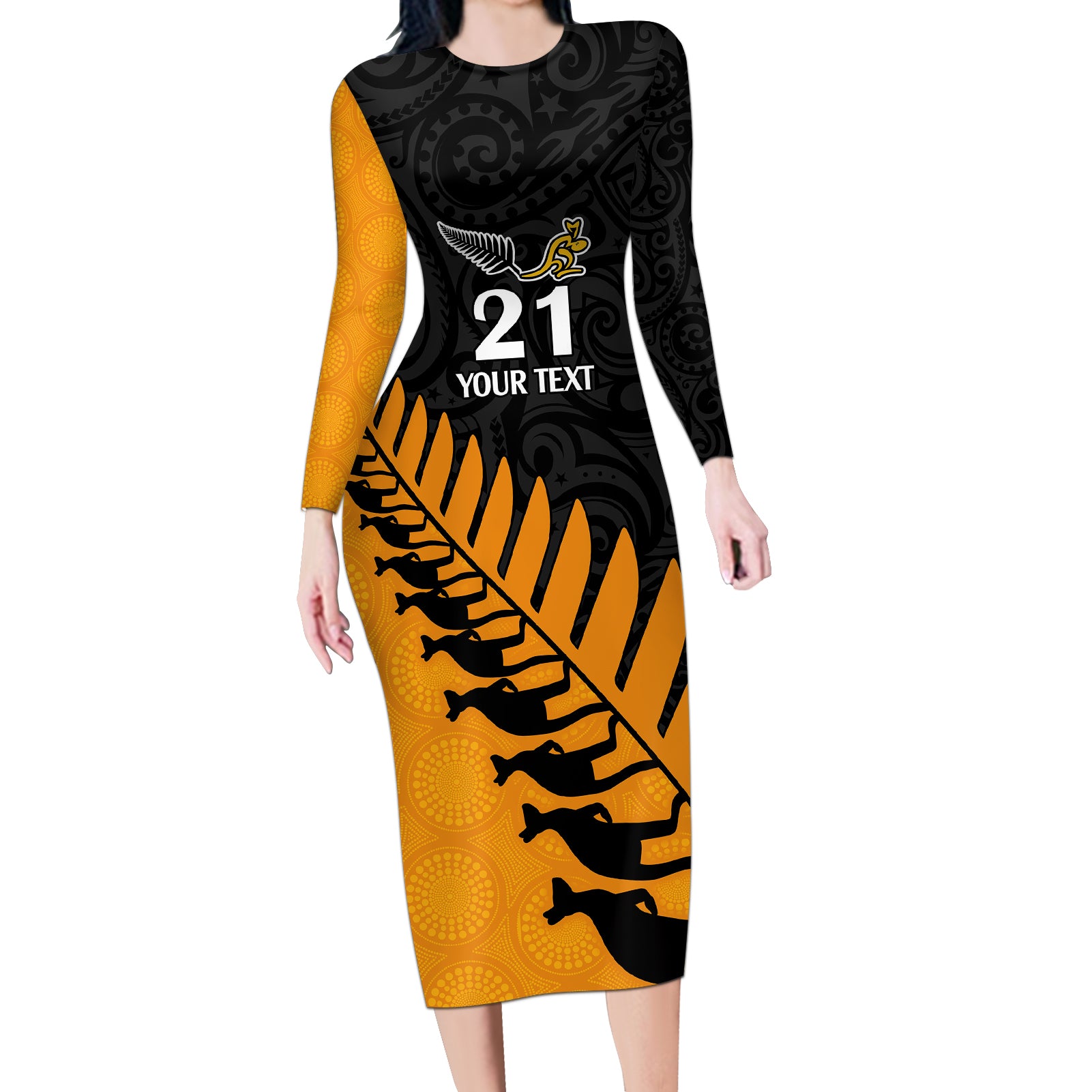 custom-australia-wallabies-and-aotearoa-rugby-long-sleeve-bodycon-dress-kangaroo-black-fern-maori-gold-vibe