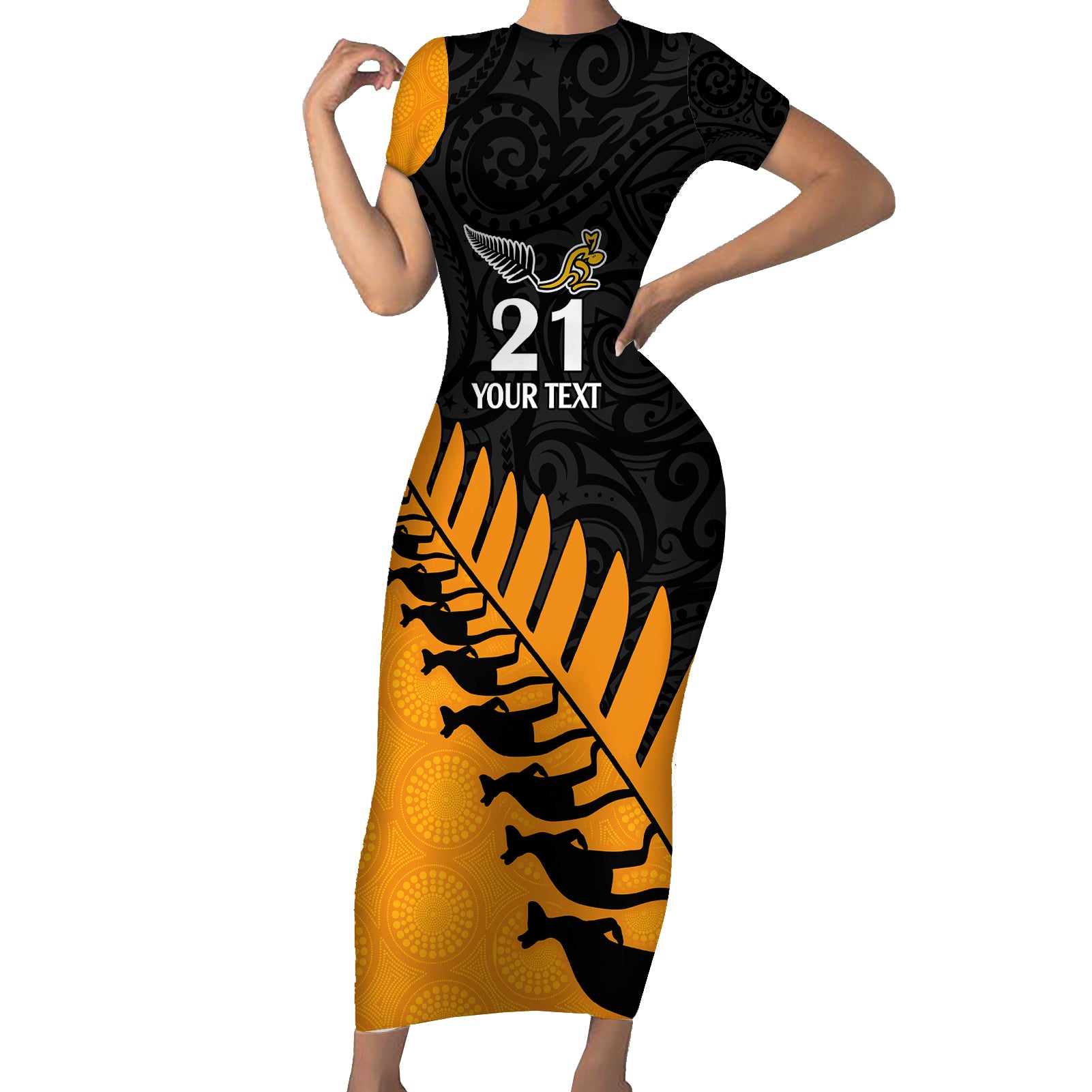 custom-australia-wallabies-and-aotearoa-rugby-short-sleeve-bodycon-dress-kangaroo-black-fern-maori-gold-vibe