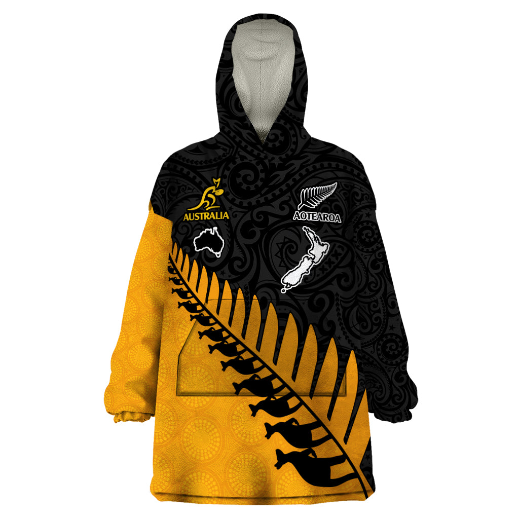 Custom Australia Wallabies and Aotearoa Rugby Wearable Blanket Hoodie Kangaroo Black Fern Maori Gold Vibe - Vibe Hoodie Shop