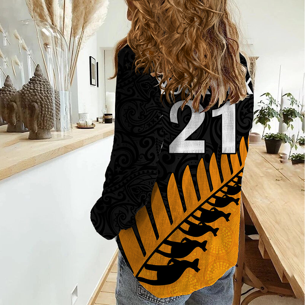 Custom Australia Wallabies and Aotearoa Rugby Women Casual Shirt Kangaroo Black Fern Maori Gold Vibe - Vibe Hoodie Shop
