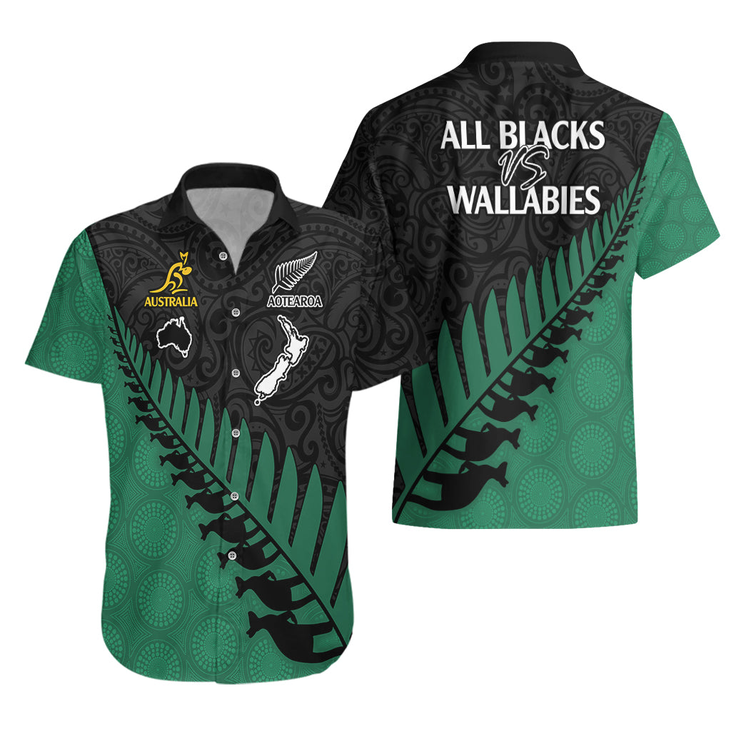 Australia Wallabies and Aotearoa Rugby Hawaiian Shirt Kangaroo Black Fern Maori Green Vibe - Vibe Hoodie Shop