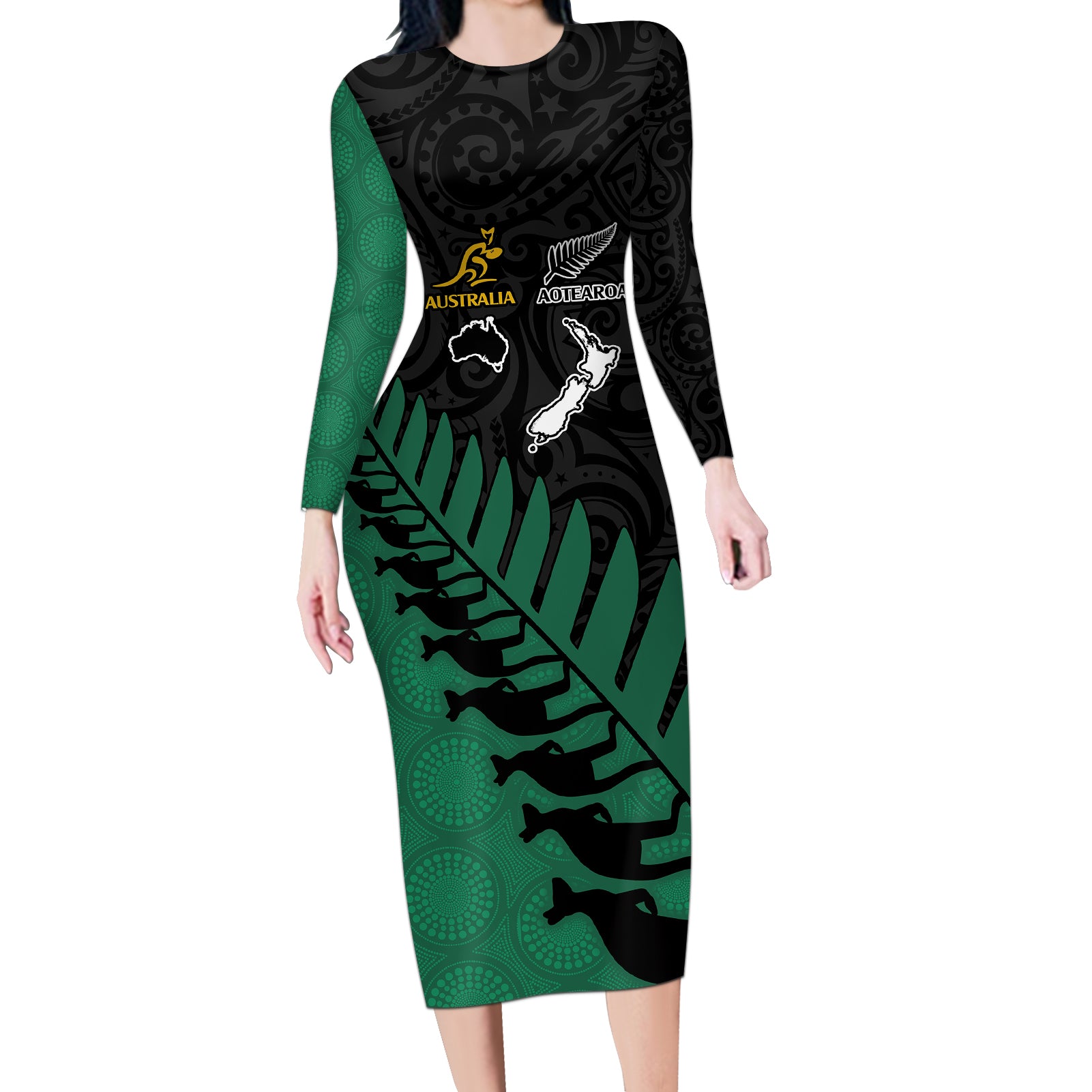 australia-wallabies-and-aotearoa-rugby-long-sleeve-bodycon-dress-kangaroo-black-fern-maori-green-vibe