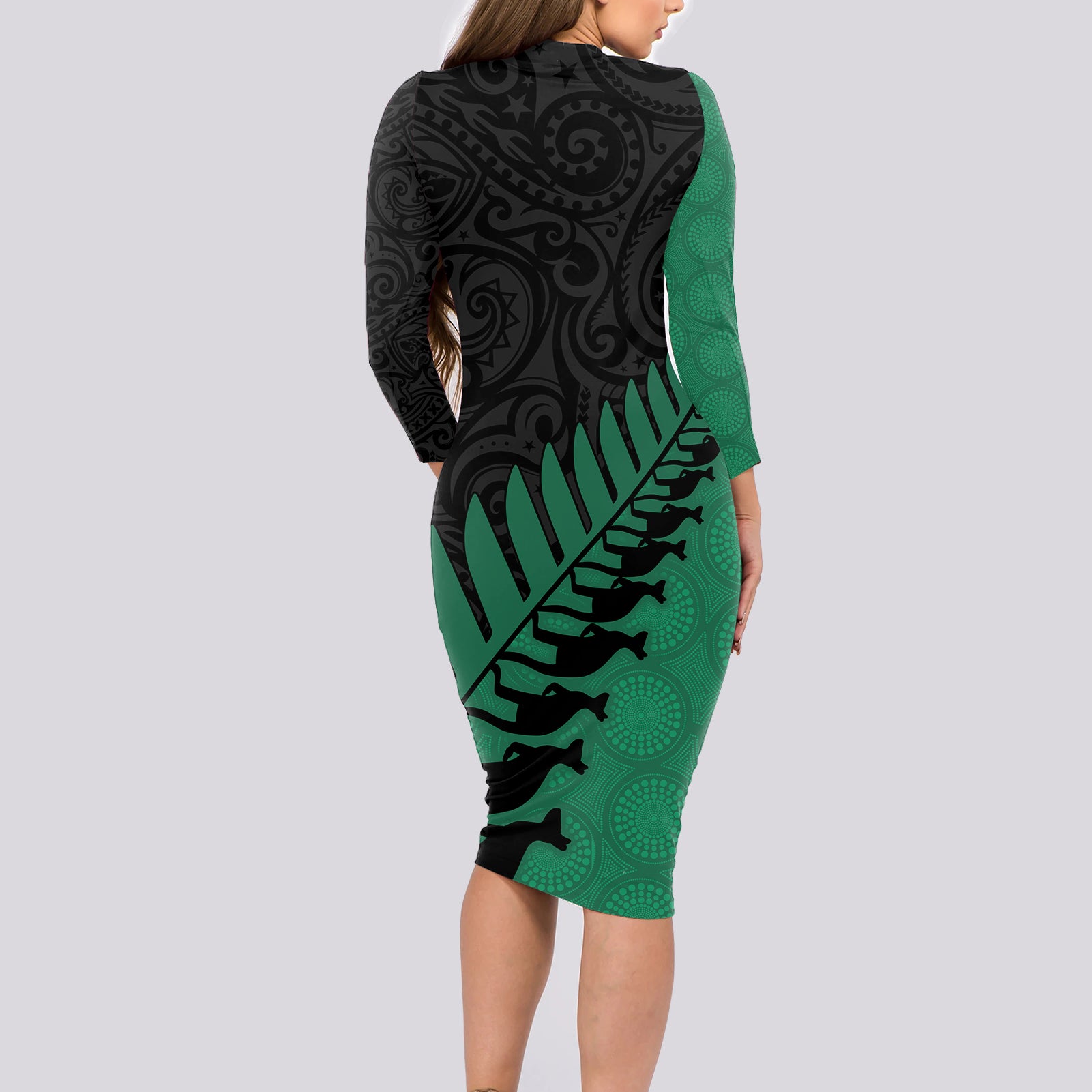 australia-wallabies-and-aotearoa-rugby-long-sleeve-bodycon-dress-kangaroo-black-fern-maori-green-vibe