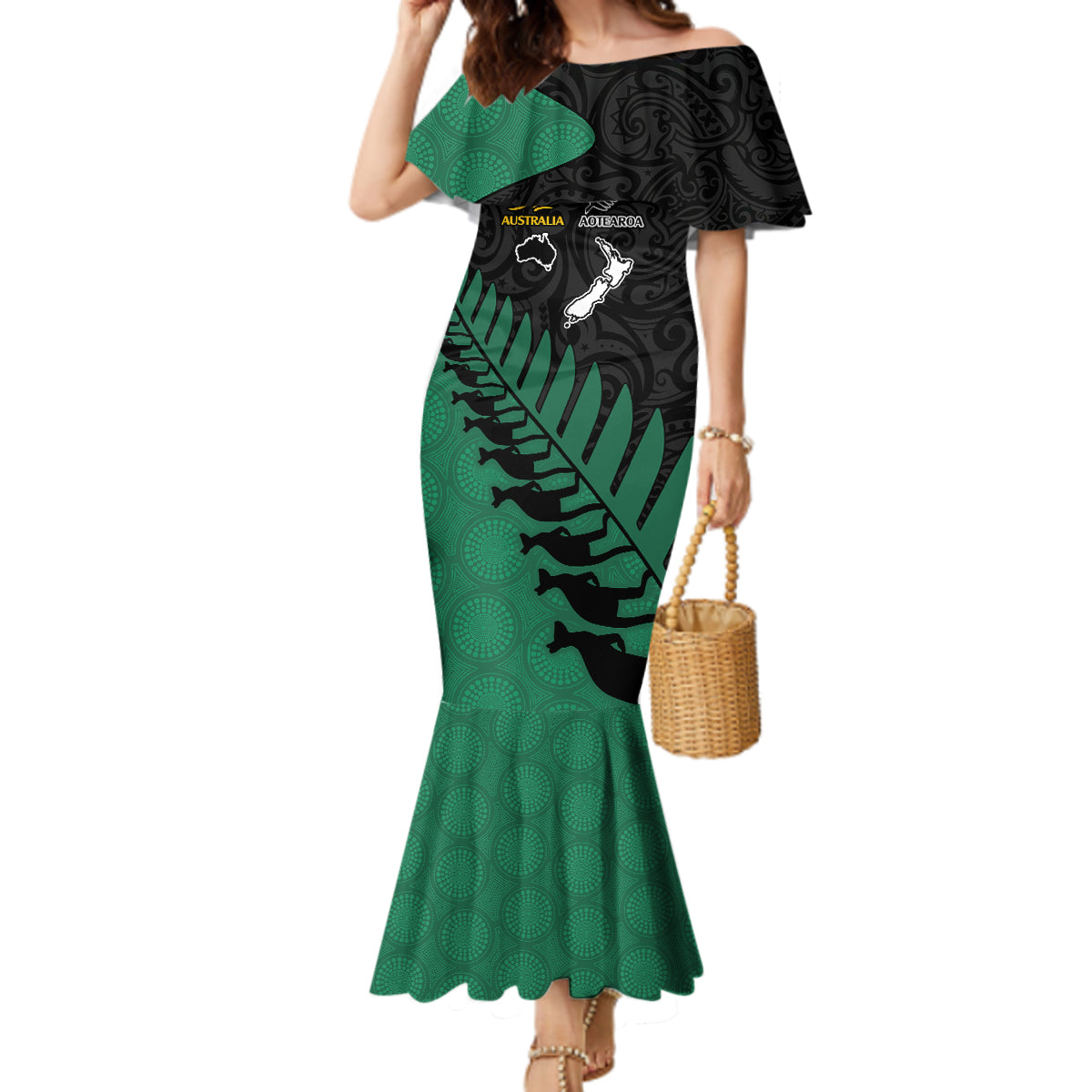 australia-wallabies-and-aotearoa-rugby-mermaid-dress-kangaroo-black-fern-maori-green-vibe