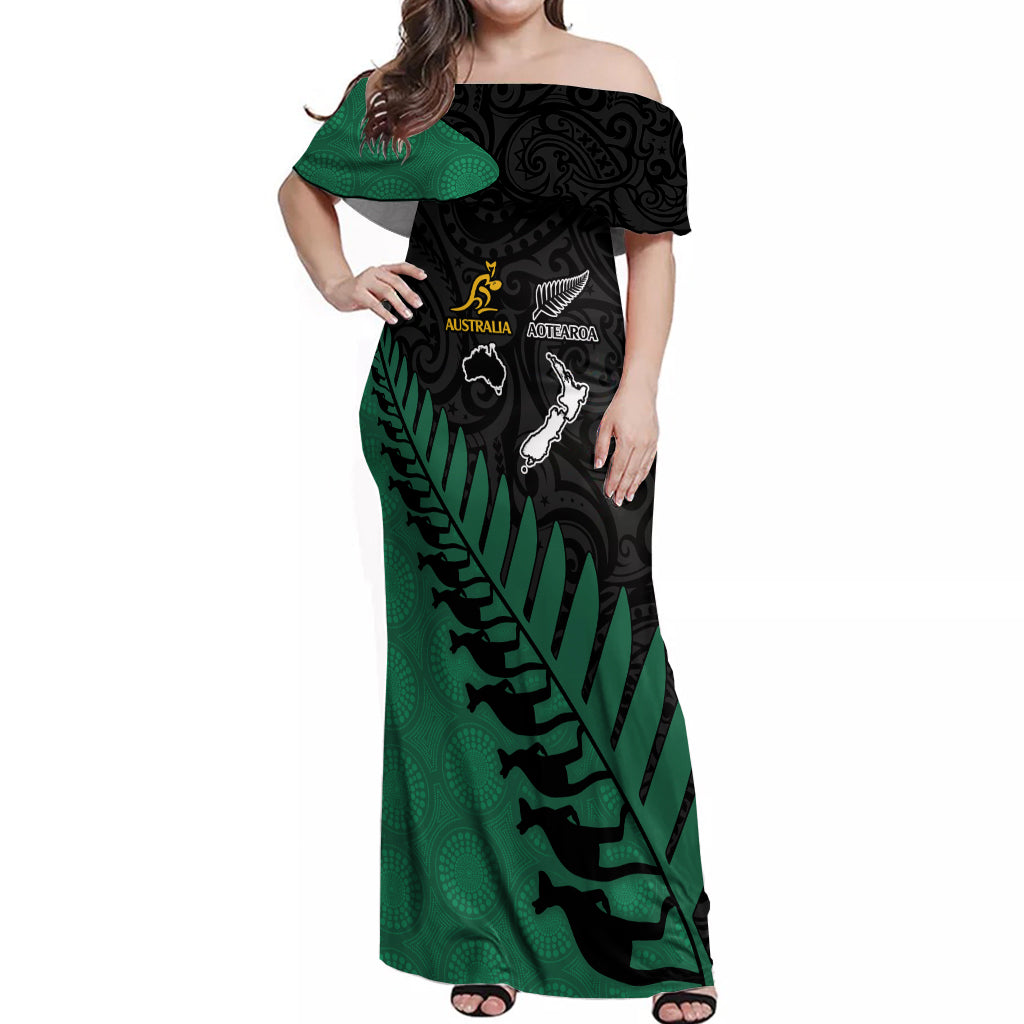 Australia Wallabies and Aotearoa Rugby Off Shoulder Maxi Dress Kangaroo Black Fern Maori Green Vibe - Vibe Hoodie Shop