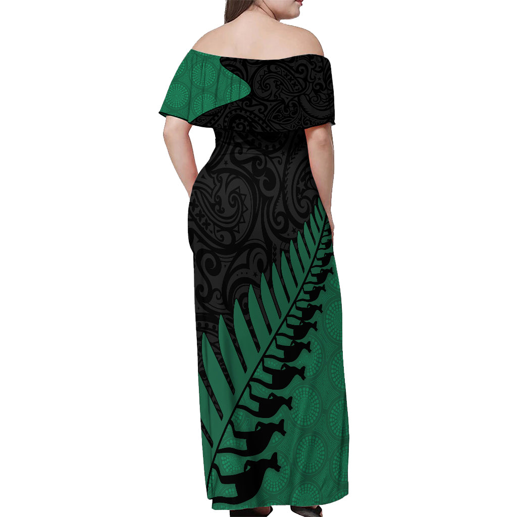 Australia Wallabies and Aotearoa Rugby Off Shoulder Maxi Dress Kangaroo Black Fern Maori Green Vibe - Vibe Hoodie Shop