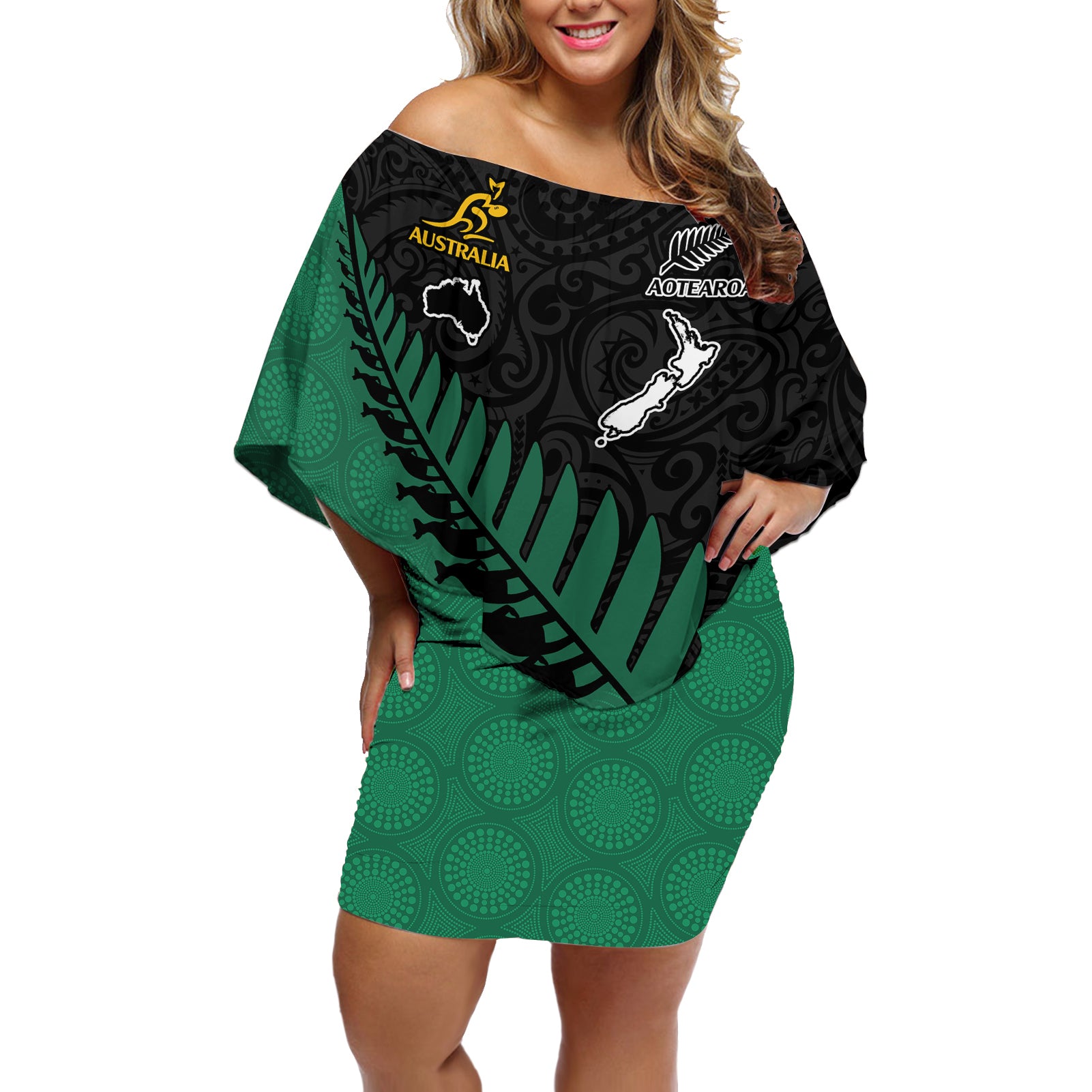 australia-wallabies-and-aotearoa-rugby-off-shoulder-short-dress-kangaroo-black-fern-maori-green-vibe