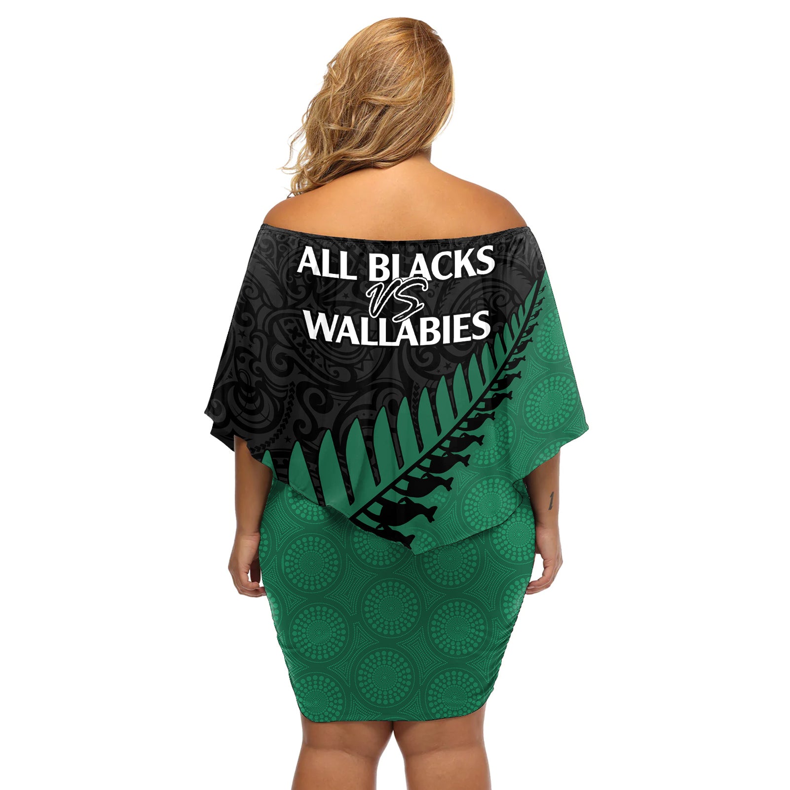 australia-wallabies-and-aotearoa-rugby-off-shoulder-short-dress-kangaroo-black-fern-maori-green-vibe