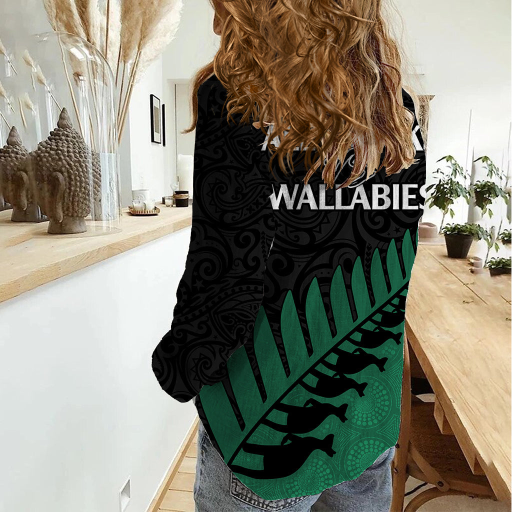 Australia Wallabies and Aotearoa Rugby Women Casual Shirt Kangaroo Black Fern Maori Green Vibe - Vibe Hoodie Shop