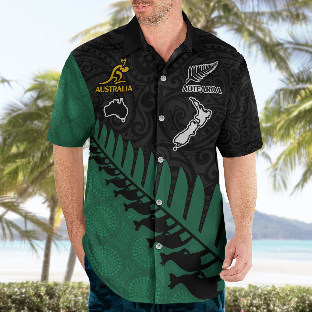 Custom Australia Wallabies and Aotearoa Rugby Hawaiian Shirt Kangaroo Black Fern Maori Green Vibe - Vibe Hoodie Shop