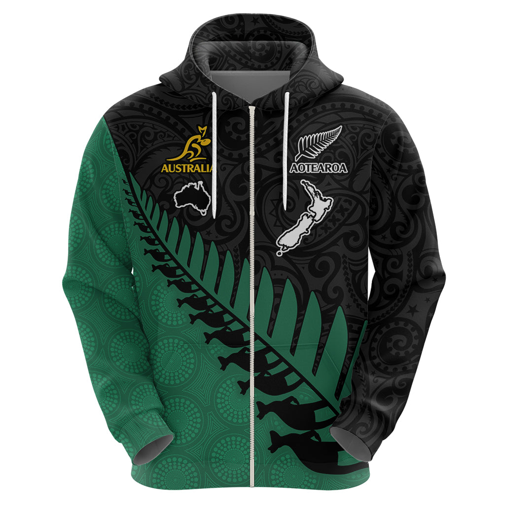 Custom Australia Wallabies and Aotearoa Rugby Hoodie Kangaroo Black Fern Maori Green Vibe LT9 - Vibe Hoodie Shop