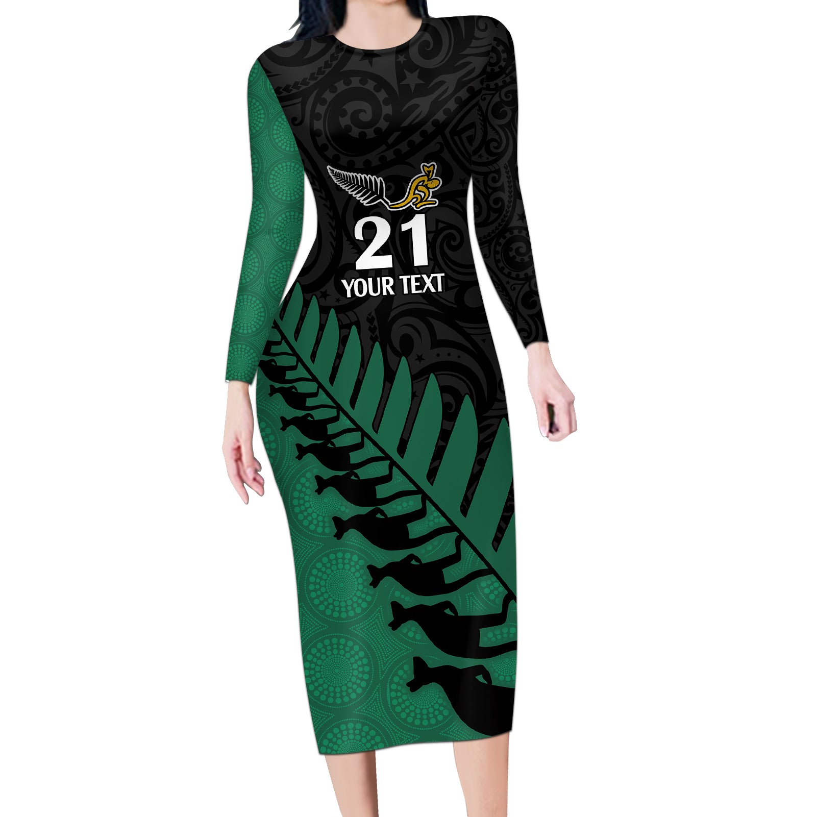 custom-australia-wallabies-and-aotearoa-rugby-long-sleeve-bodycon-dress-kangaroo-black-fern-maori-green-vibe