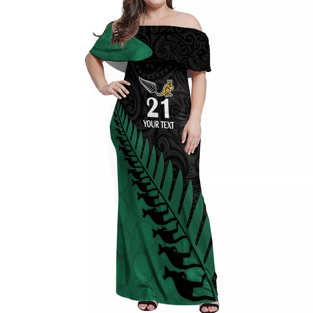 Custom Australia Wallabies and Aotearoa Rugby Off Shoulder Maxi Dress Kangaroo Black Fern Maori Green Vibe - Vibe Hoodie Shop