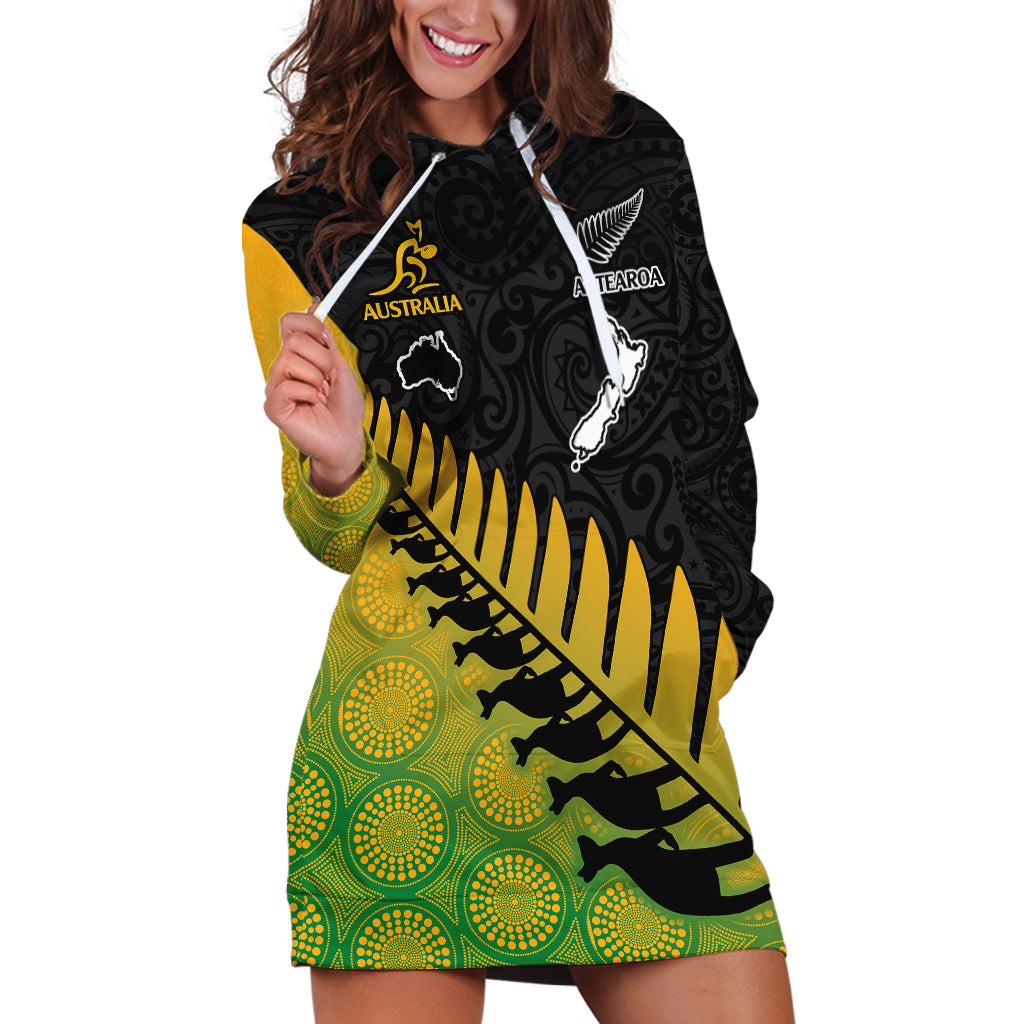 Australia Wallabies and Aotearoa Rugby Hoodie Dress Kangaroo Black Fern Maori Gradient Vibe - Vibe Hoodie Shop