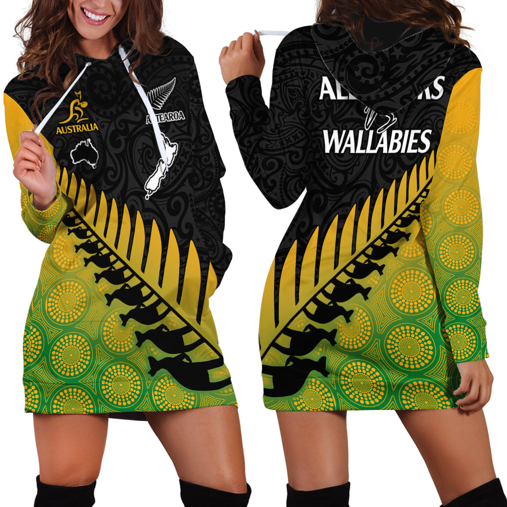 Australia Wallabies and Aotearoa Rugby Hoodie Dress Kangaroo Black Fern Maori Gradient Vibe - Vibe Hoodie Shop