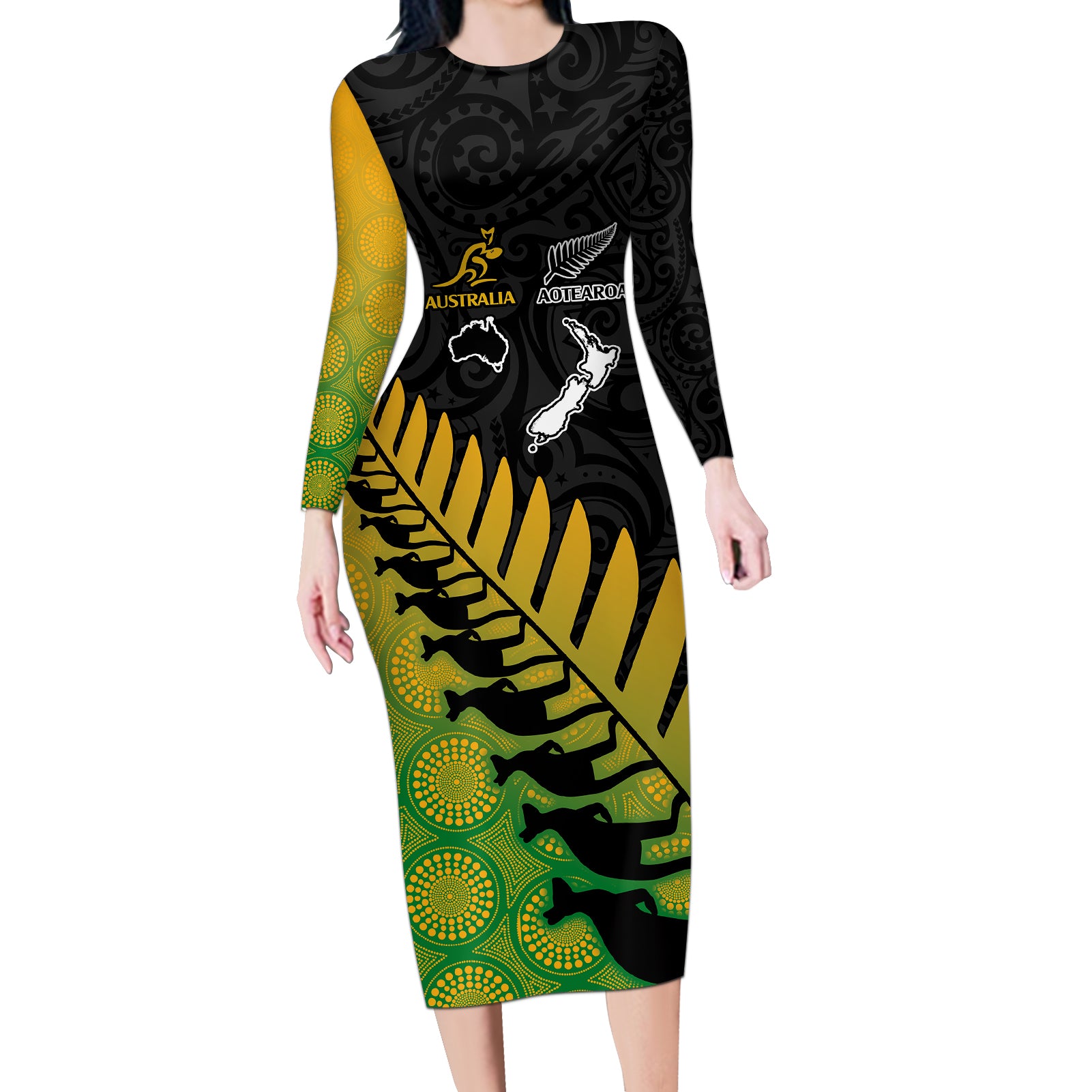 australia-wallabies-and-aotearoa-rugby-long-sleeve-bodycon-dress-kangaroo-black-fern-maori-gradient-vibe