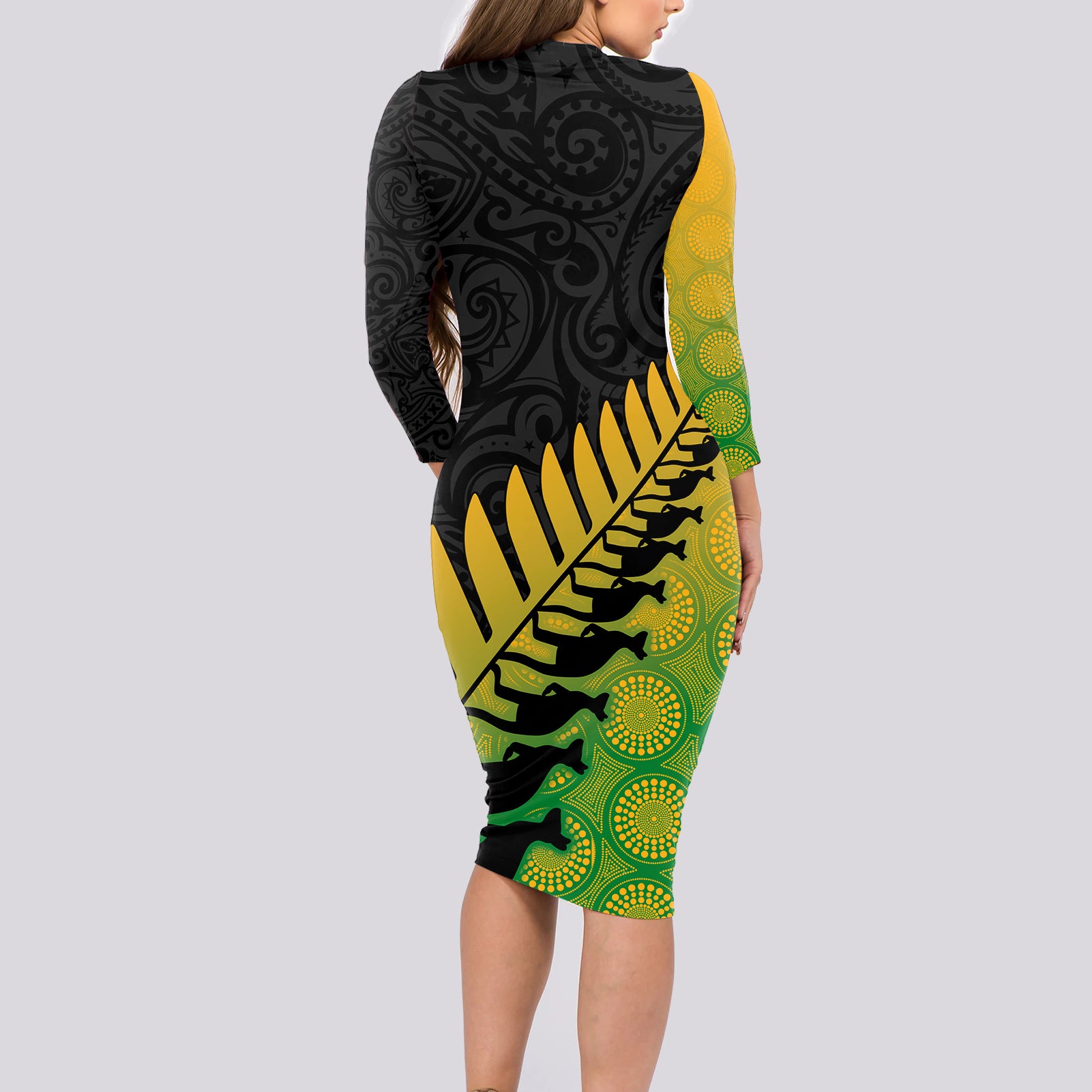 australia-wallabies-and-aotearoa-rugby-long-sleeve-bodycon-dress-kangaroo-black-fern-maori-gradient-vibe