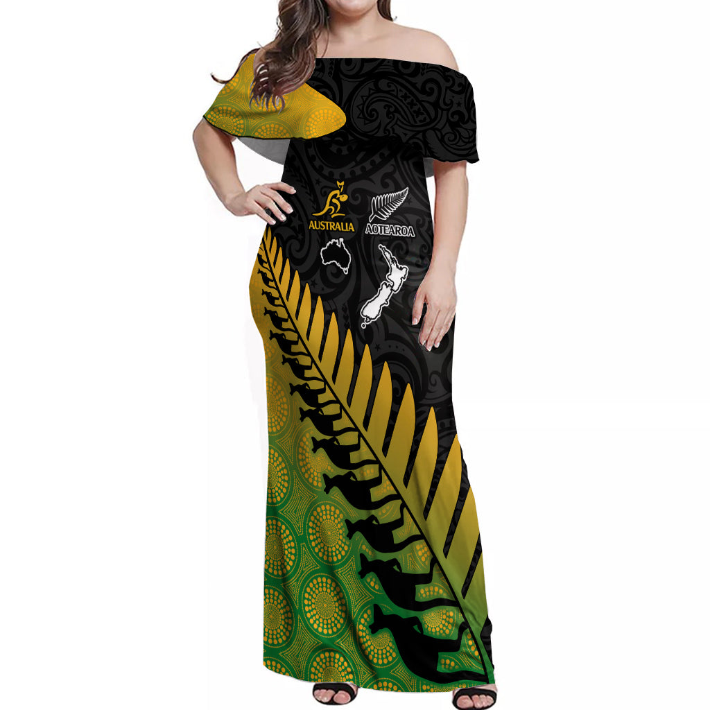 Australia Wallabies and Aotearoa Rugby Off Shoulder Maxi Dress Kangaroo Black Fern Maori Gradient Vibe - Vibe Hoodie Shop