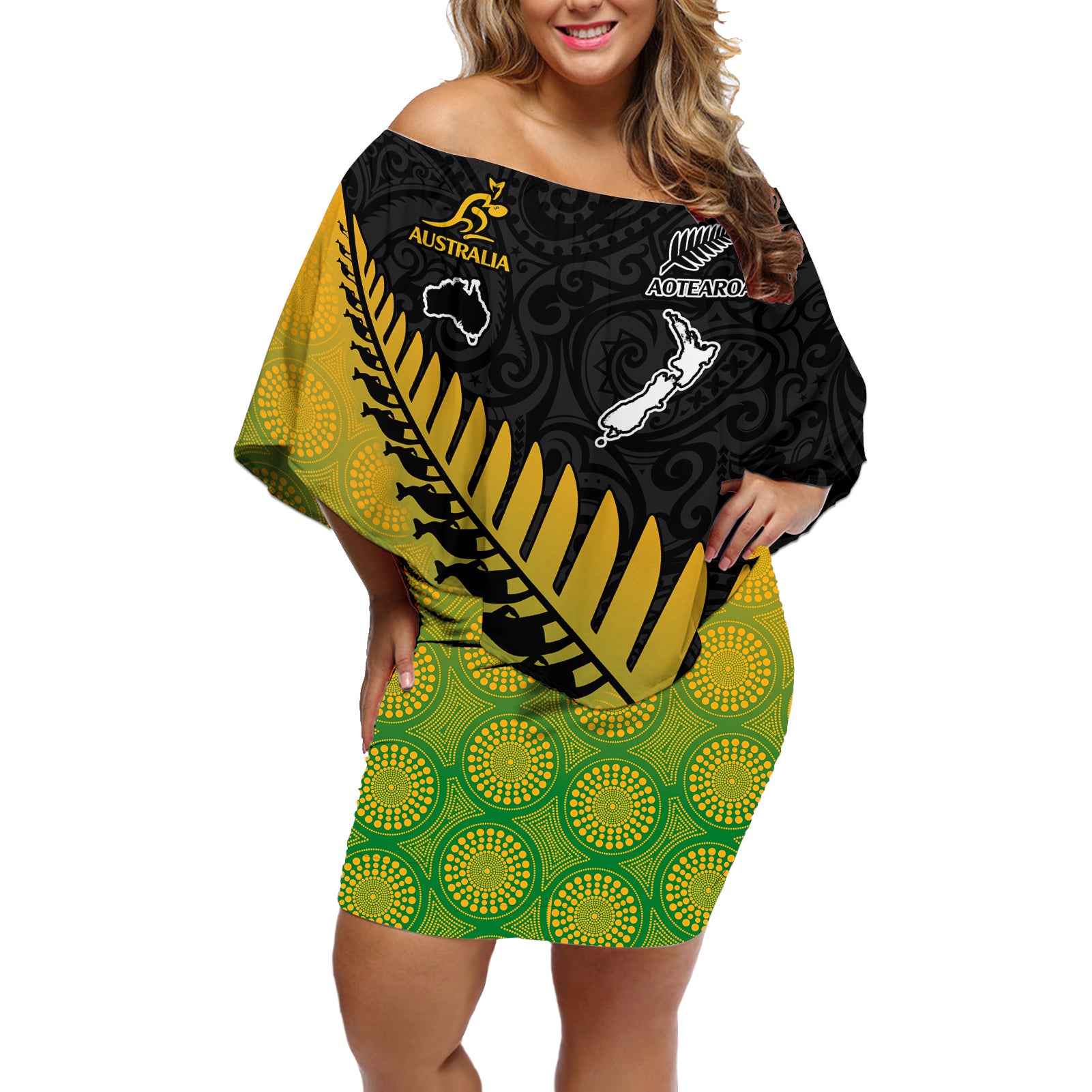 australia-wallabies-and-aotearoa-rugby-off-shoulder-short-dress-kangaroo-black-fern-maori-gradient-vibe