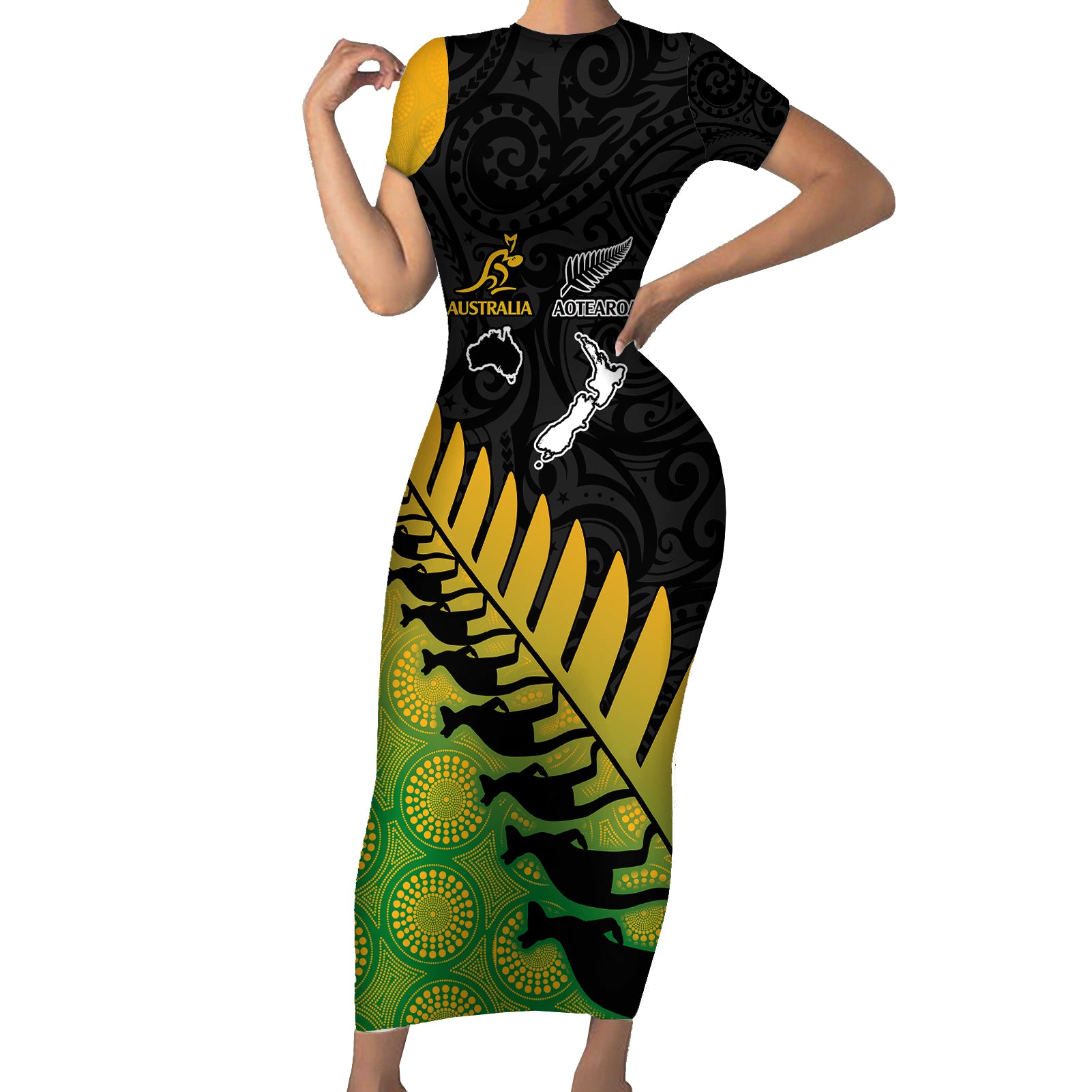 australia-wallabies-and-aotearoa-rugby-short-sleeve-bodycon-dress-kangaroo-black-fern-maori-gradient-vibe