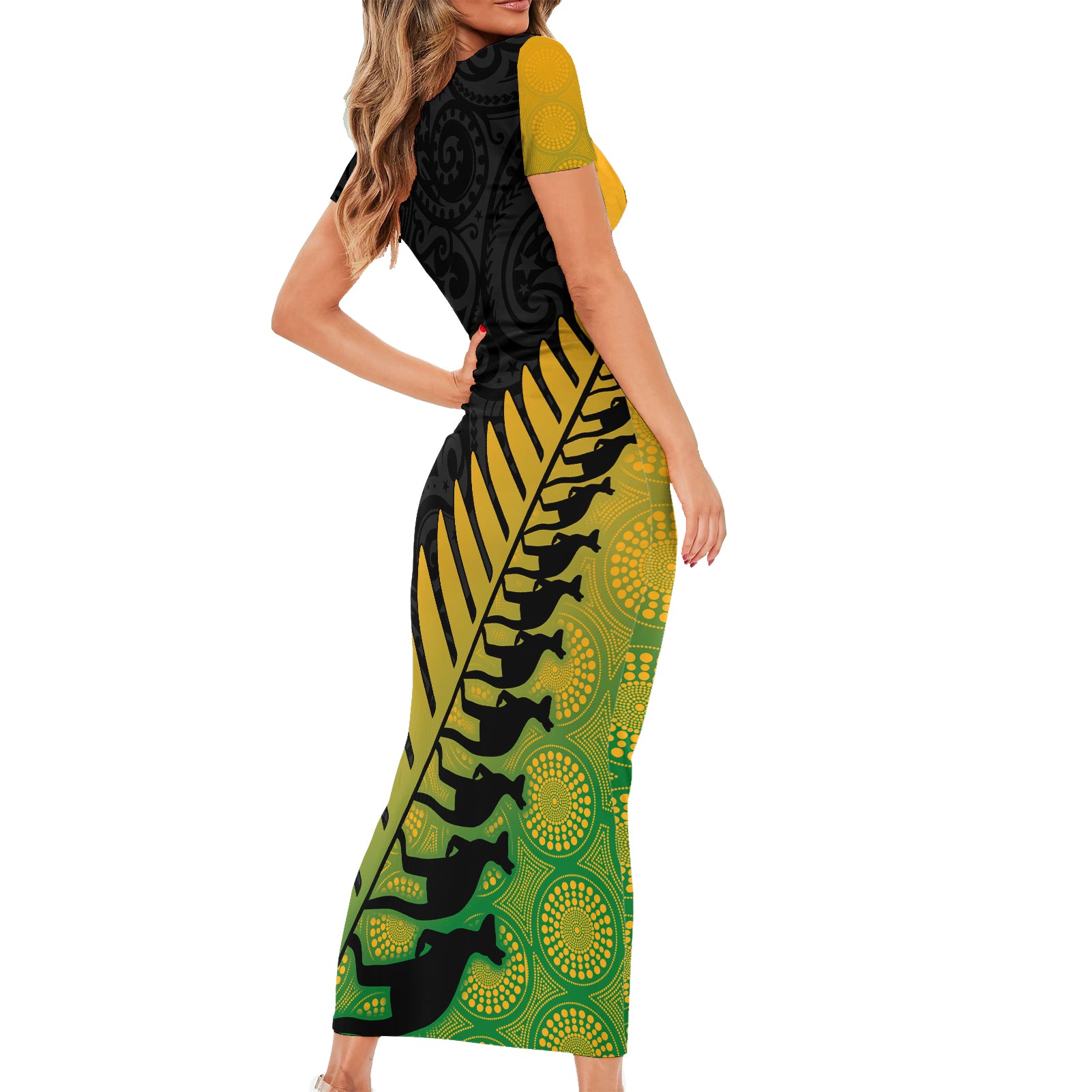 australia-wallabies-and-aotearoa-rugby-short-sleeve-bodycon-dress-kangaroo-black-fern-maori-gradient-vibe