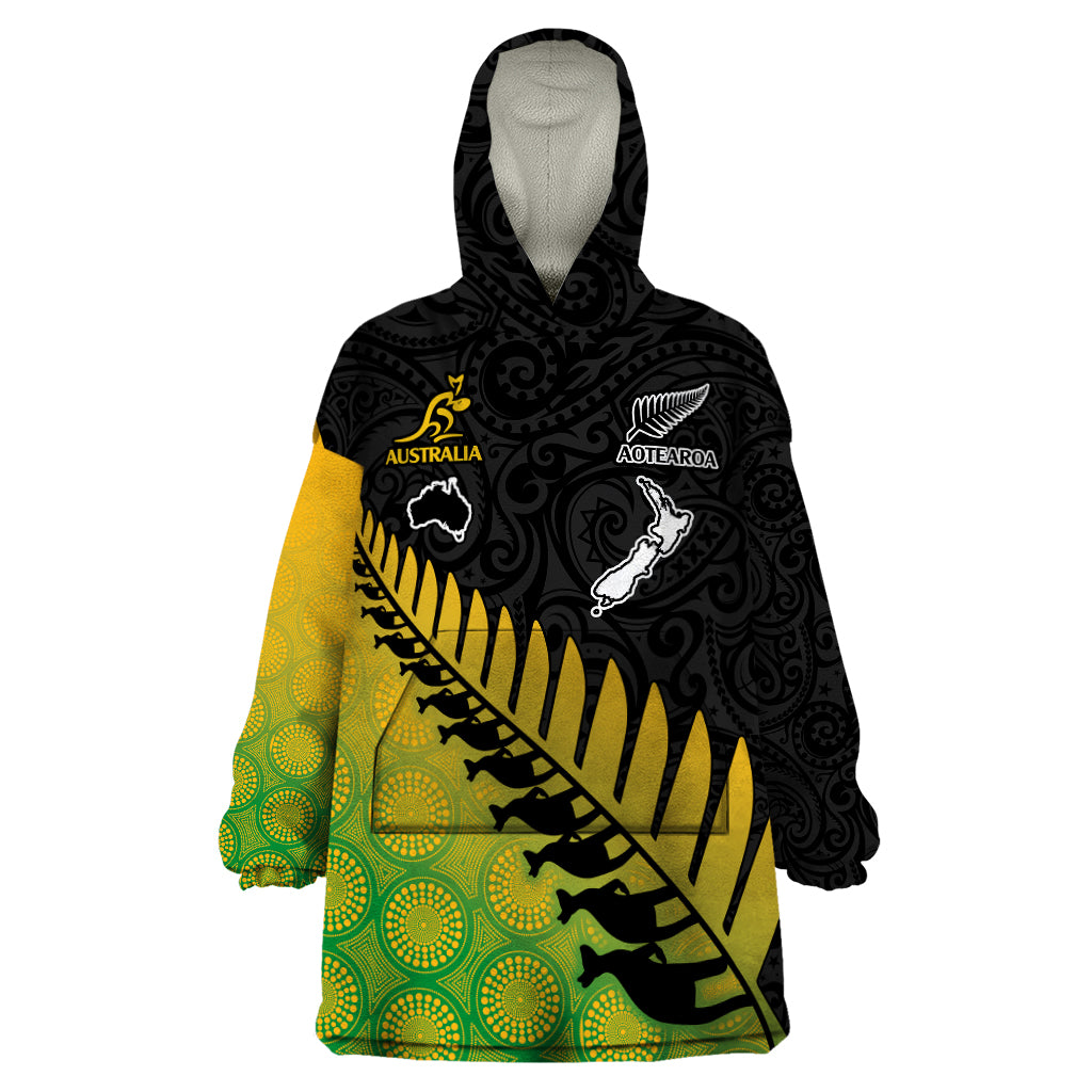 Australia Wallabies and Aotearoa Rugby Wearable Blanket Hoodie Kangaroo Black Fern Maori Gradient Vibe - Vibe Hoodie Shop