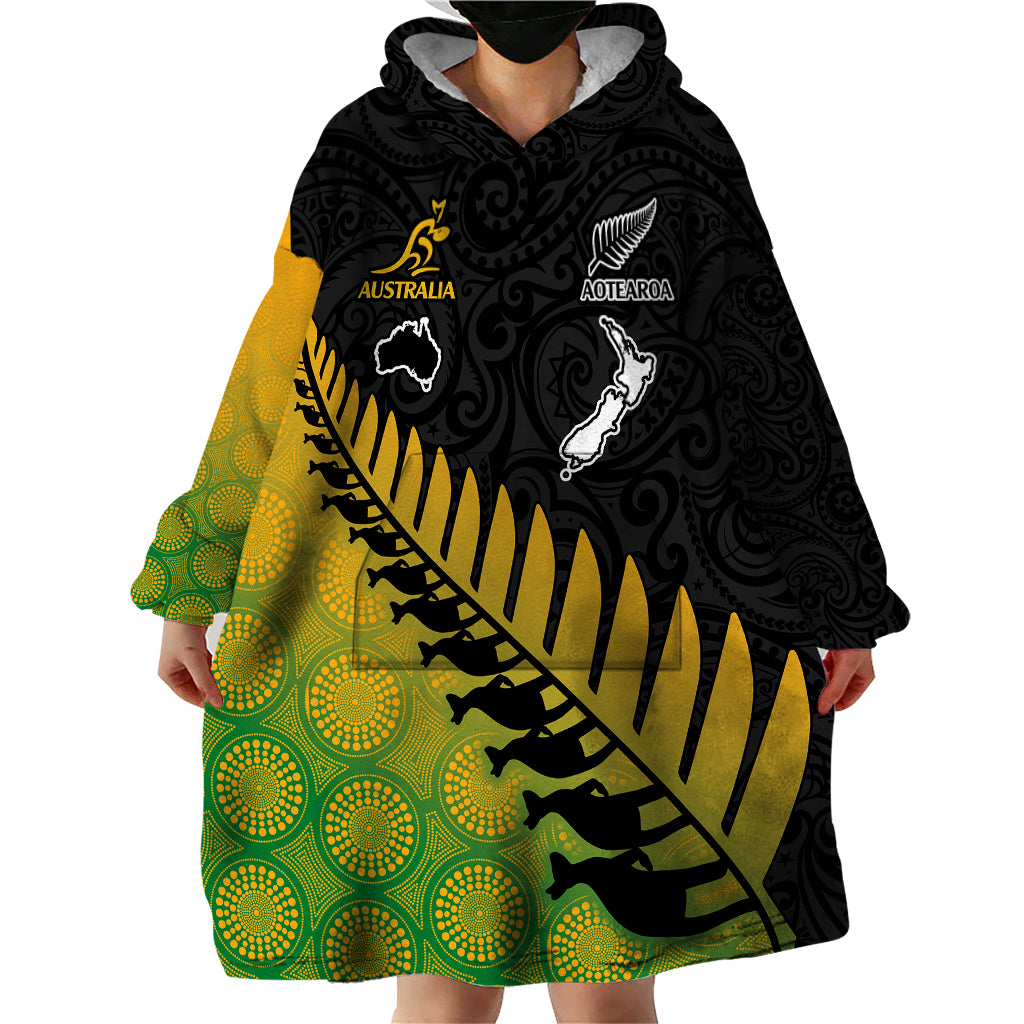 Australia Wallabies and Aotearoa Rugby Wearable Blanket Hoodie Kangaroo Black Fern Maori Gradient Vibe - Vibe Hoodie Shop