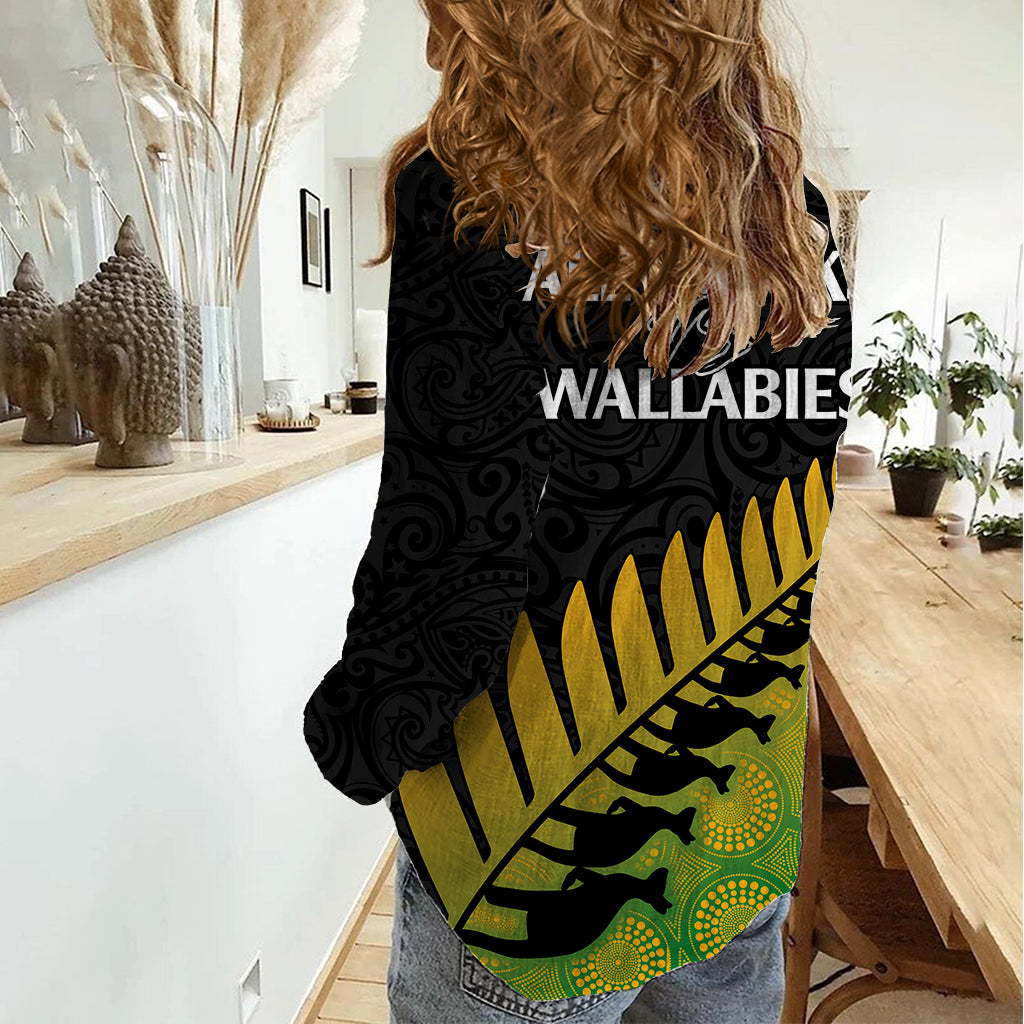 Australia Wallabies and Aotearoa Rugby Women Casual Shirt Kangaroo Black Fern Maori Gradient Vibe - Vibe Hoodie Shop