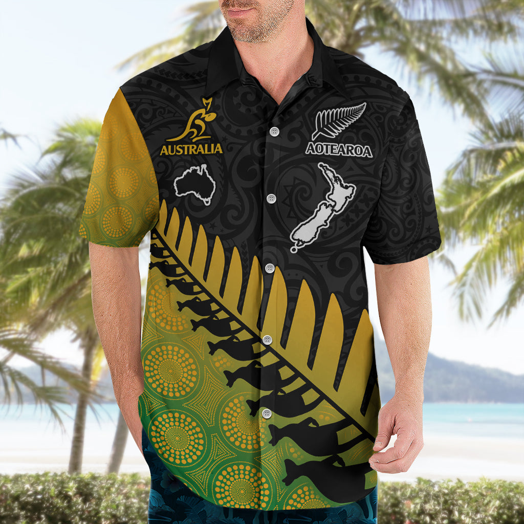 Custom Australia Wallabies and Aotearoa Rugby Hawaiian Shirt Kangaroo Black Fern Maori Gradient Vibe - Vibe Hoodie Shop
