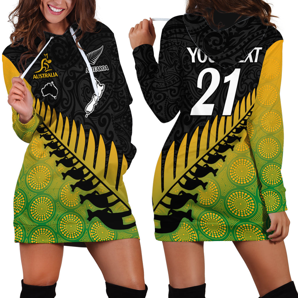 Custom Australia Wallabies and Aotearoa Rugby Hoodie Dress Kangaroo Black Fern Maori Gradient Vibe - Vibe Hoodie Shop