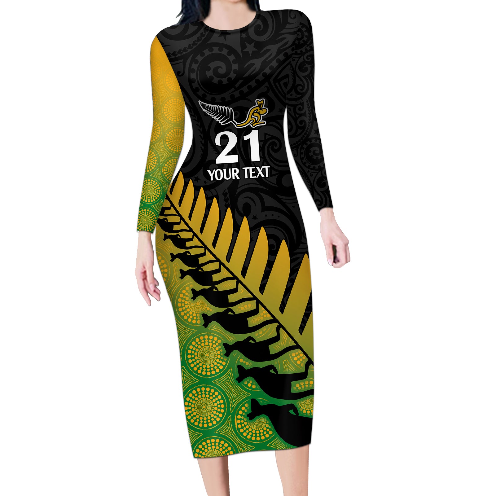 custom-australia-wallabies-and-aotearoa-rugby-long-sleeve-bodycon-dress-kangaroo-black-fern-maori-gradient-vibe