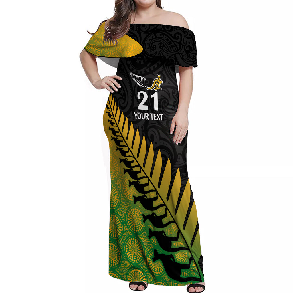 Custom Australia Wallabies and Aotearoa Rugby Off Shoulder Maxi Dress Kangaroo Black Fern Maori Gradient Vibe - Vibe Hoodie Shop