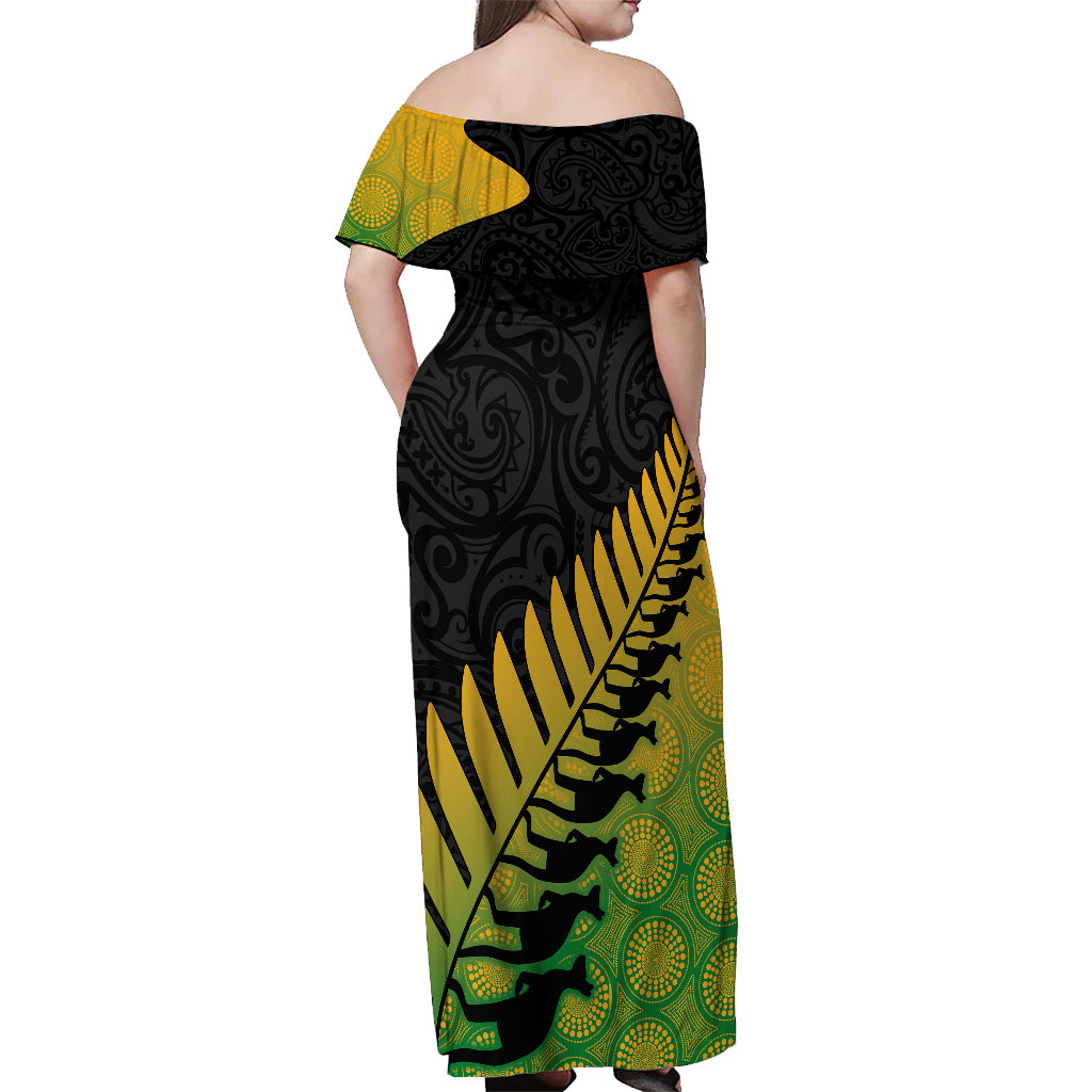 Custom Australia Wallabies and Aotearoa Rugby Off Shoulder Maxi Dress Kangaroo Black Fern Maori Gradient Vibe - Vibe Hoodie Shop